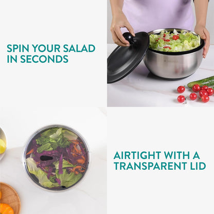 Navaris Salad Spinner with Lid - Salad Spinner Stainless Steel - Salad Dryer - Easy Washing, Drying and Spinning - Includes Grating and Slicing Discs
