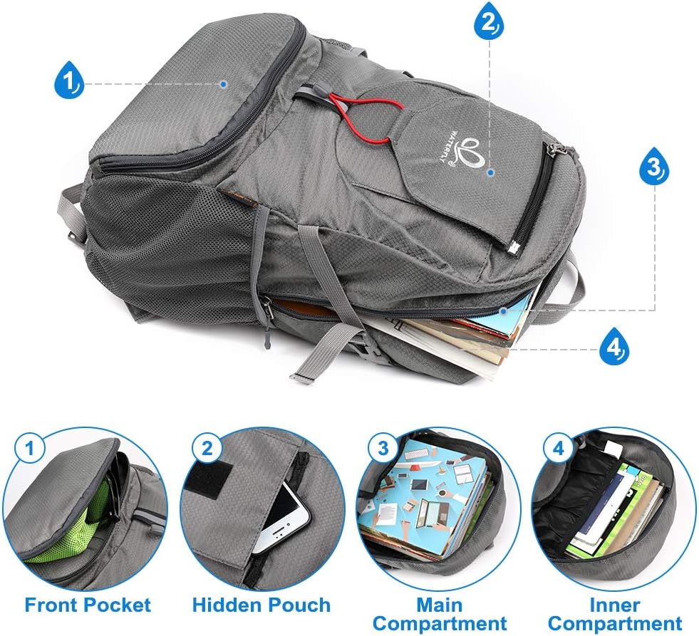 WATERFLY Hiking Backpack 20L Foldable Travel Backpack Lightweight Hiking Daypack for Outdoor Cycling Camping