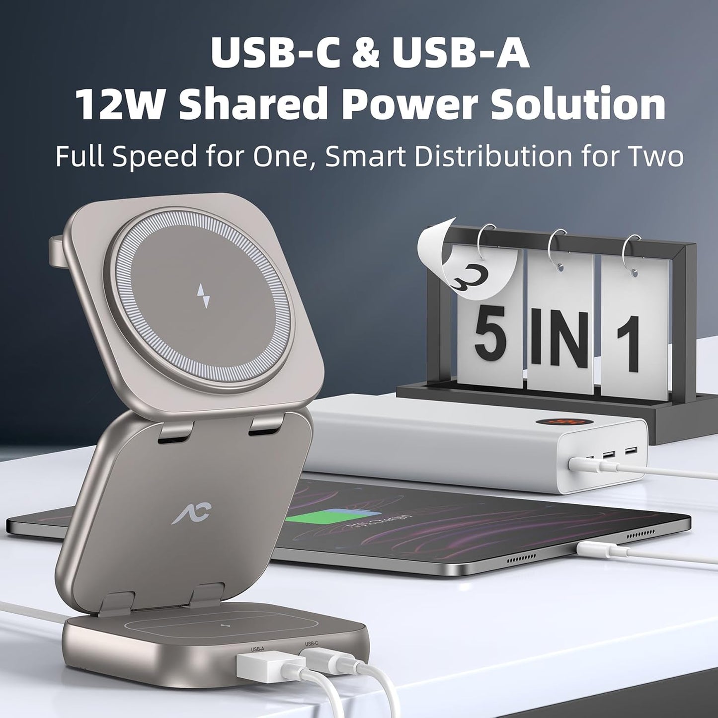 5-in-1 Wireless Charger for Magsafe, AC ISLAND Aluminum Travel Charging Station for Apple, 15W Snap Magnetic Multi Charging Stand Dock for iPhone 16/15/14/13 Apple Watch AirPods (with 35W GaN Adapter)