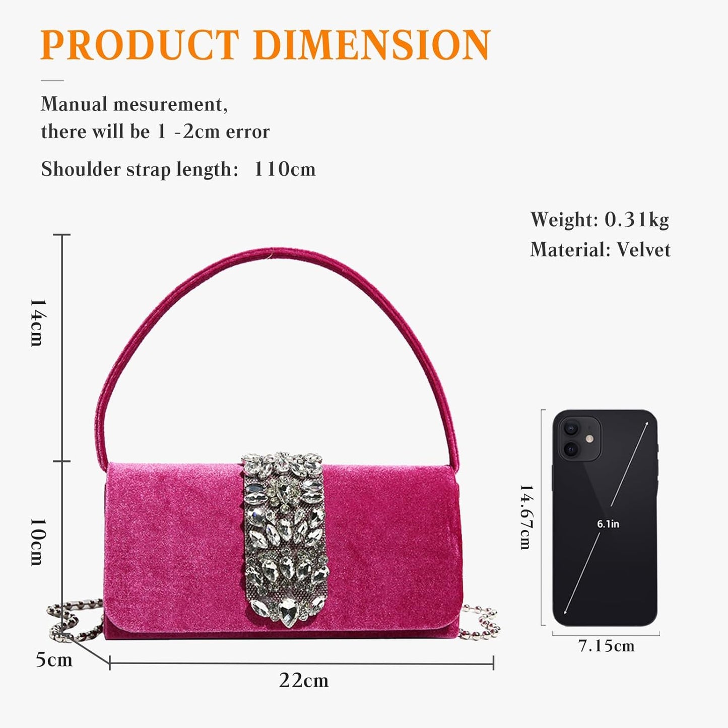 CORIOS Evening Bag for Women Rhinestone Clutch Bag Sparkly Crystal Handbag Bridal Wedding Purse Glitter Shoulder Bag