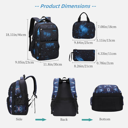 Boys Backpacks Primary Junior High School Bag Kids Bookbag with Lunch Bag 3 in 1 Casual Daypack Set Space Galaxy Durable Knapsack