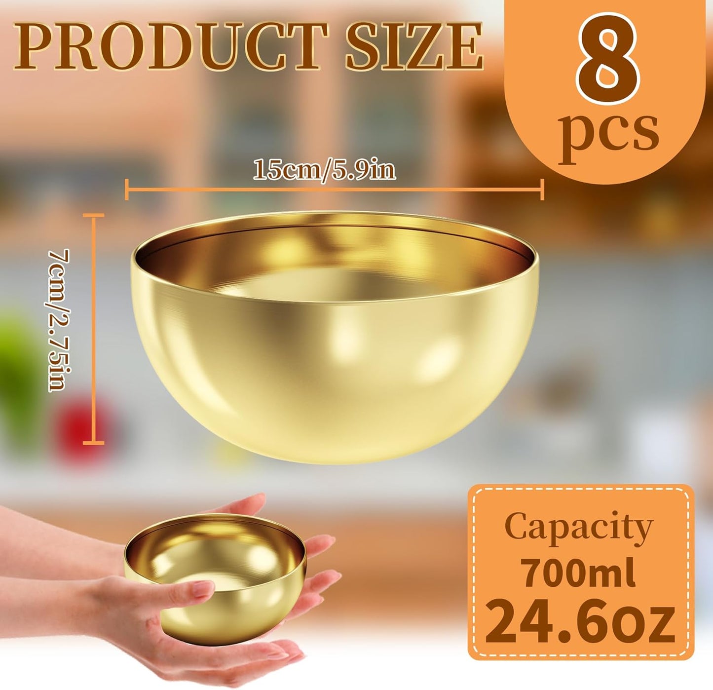 8 Pcs Gold Stainless Steel Mixing Bowl, 24 Oz Decor Salad Mixing Bowl, 5.9 in Metal Serving Bowl Reusable Prep Bowl, Kitchen Cooking Bowl for Soup Fruit Sauce Pasta Snack Noodle (700 ML)