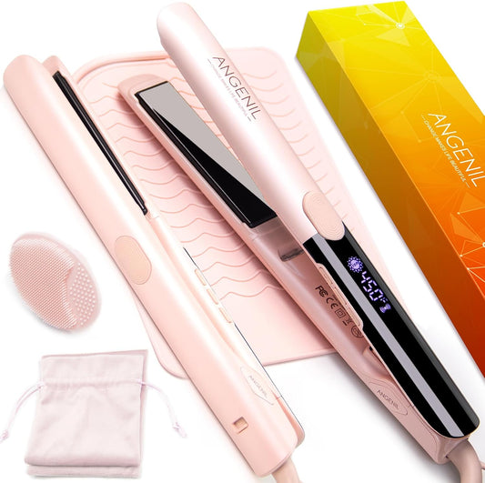 ANGENIL Pro Titanium Flat Iron Hair Straightener, Dual Voltage Straightening and Curling Iron in One, 15s Fast Heating, Negative Ion Round Pink Hair Straightener with Heat Resistant Silicone Mat Pad