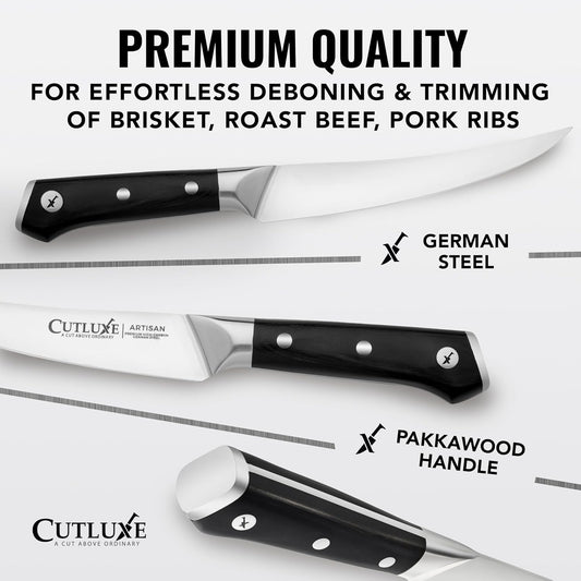 Cutluxe Curved Boning Knife – 6" Boning Knife for Meat Cutting, Fillet Knife – High Carbon German Steel, Full Tang & Ergonomic Handle Design – Artisan Series - PuriLite