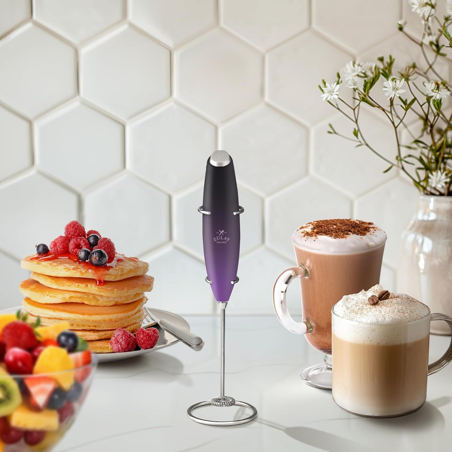 Zulay Kitchen Powerful Double Whisk Milk Frother Handheld - Foam Maker with Stand - Whisk Drink Mixer for Coffee, Mini Foamer for Latte, Matcha, Frappe, Hot Chocolate & Cappuccino (Black)