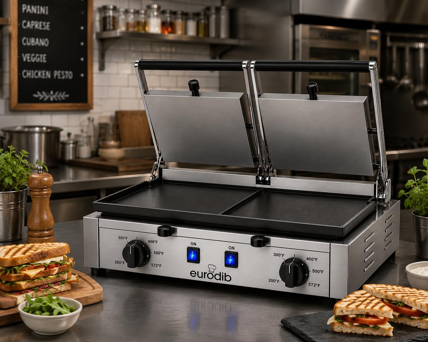 eurodib Commercial Double Panini Grill, All Flat Plates, 220V – PDF3000220 | Dual heating elements, adjustable thermostat to 572°F, self-balancing top plate, front grease drawer
