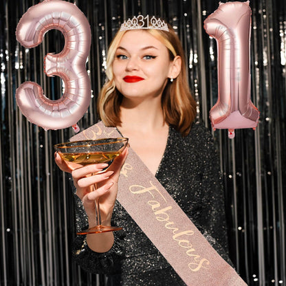 8pcs 40th Birthday Decorations gifts for Women, Including 40th Happy Birthday Cake Topper, Queen Sash with Pearl Pin, Sweet Rhinestone Tiara Crown for Women, Number Candles and Balloons (Rose Gold)