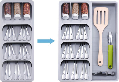 Expandable Kitchen Drawer Organizer, Adjustable Cutlery and Utensil Tray, Gray Plastic Silverware Storage Divider for Spoons, Forks, Knives, and Flatware - PuriLite