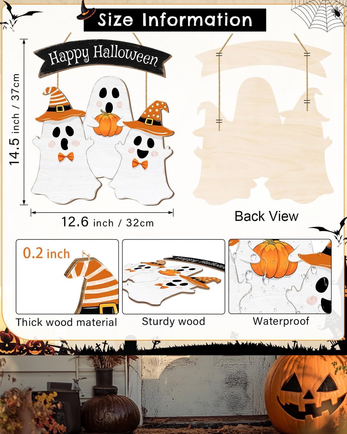 Wooden Halloween Wreath - Ghost Door Decor Hanging Sign for Home Wall Decor & Party Indoor/Outdoor Supply