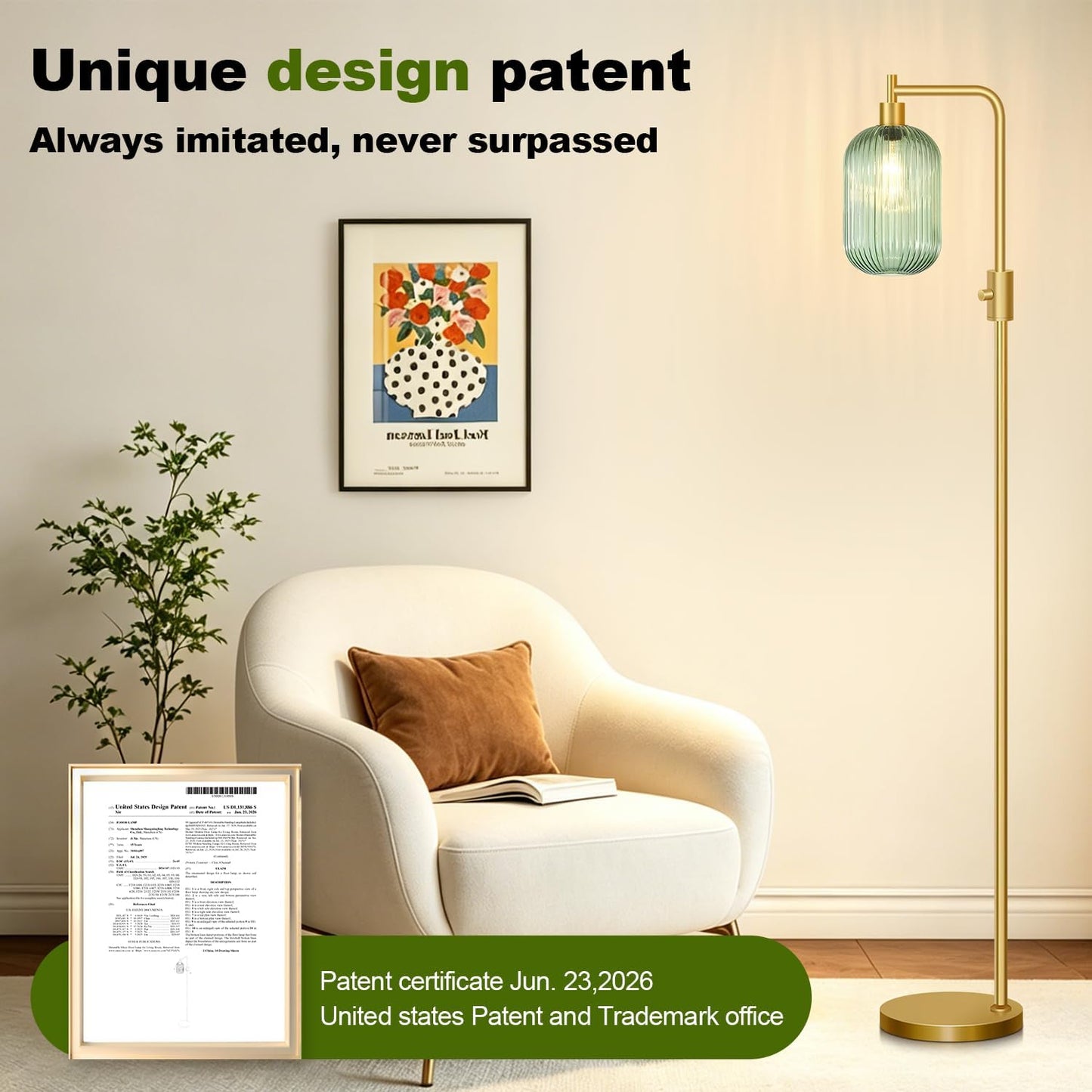 Upgraded】 Dimmable Floor Lamp for Living Room with Green Ribbed Glass Lampshade, Gold Modern Floor Lamp with 900LM LED Bulb Included, Arc Standing Tall Lamp for Bedroom, Office, Reading Room, Corner