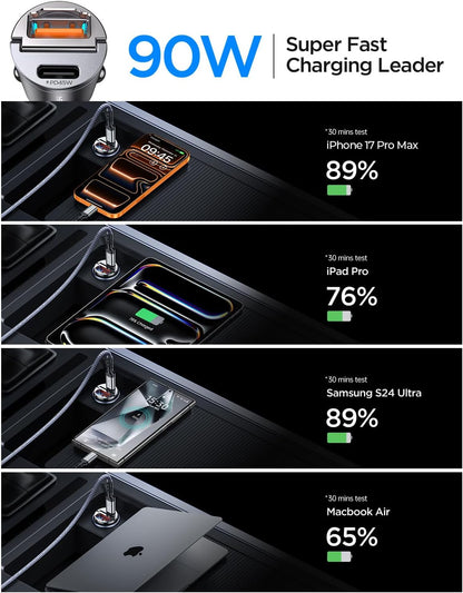 90W USB C Car Charger,[Super Mini Metal] USB C Car Charger Fast Charging Adapter PD+QC3.0 Dual Port MRGLAS Type C Car Cigarette Lighter USB Charger Compatible iPhone 17 16 15 Pro Max Air iPad Samsung