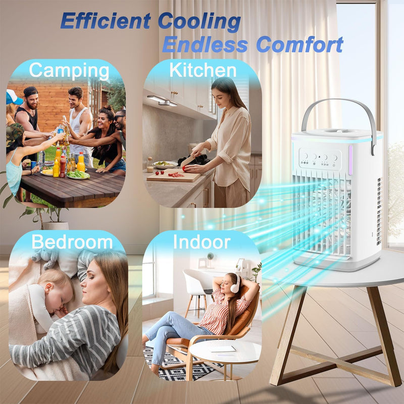 Portable Air Conditioners Fan with Remote, 4-in-1 Portable AC with 1500ml Water Tank, 3 Wind Speeds, 6H Timer, 2 Cool Mist, 7 Lights, Personal Mini Air Conditioner for Room Bedroom Office (Black)