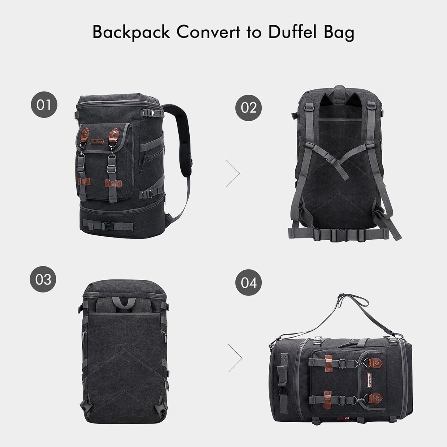 WITZMAN Travel Backpack for Men Women Canvas Backpack Carry on Luggage Rucksack Convertible Duffel Bag Large