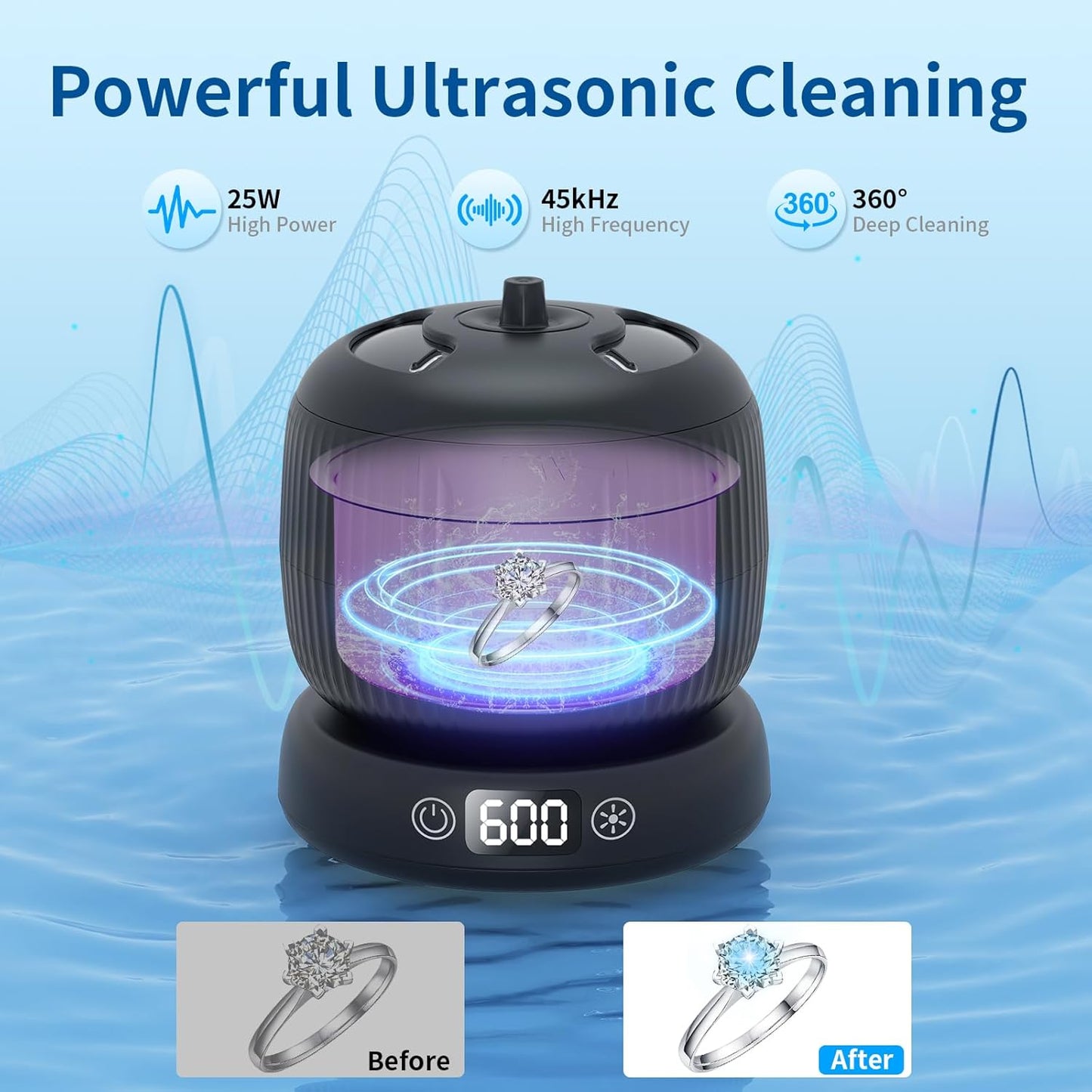 Morole Ultrasonic Retainer Cleaner, 45kHz Split Retainer Cleaner, 3 Mode Ultrasonic Cleaner, Dental Pod with IPX7 Waterproof, Ultrasonic Dental Cleaner for Mouth Guards, Braces, Jewelry(Black)