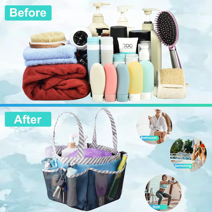 Mesh Shower Caddy Tote, Large College Dorm Bathroom Caddy Organizer with Key Hook and 2 Oxford Handles, Quick Hold, 8 Basket Pockets for Camp Gym