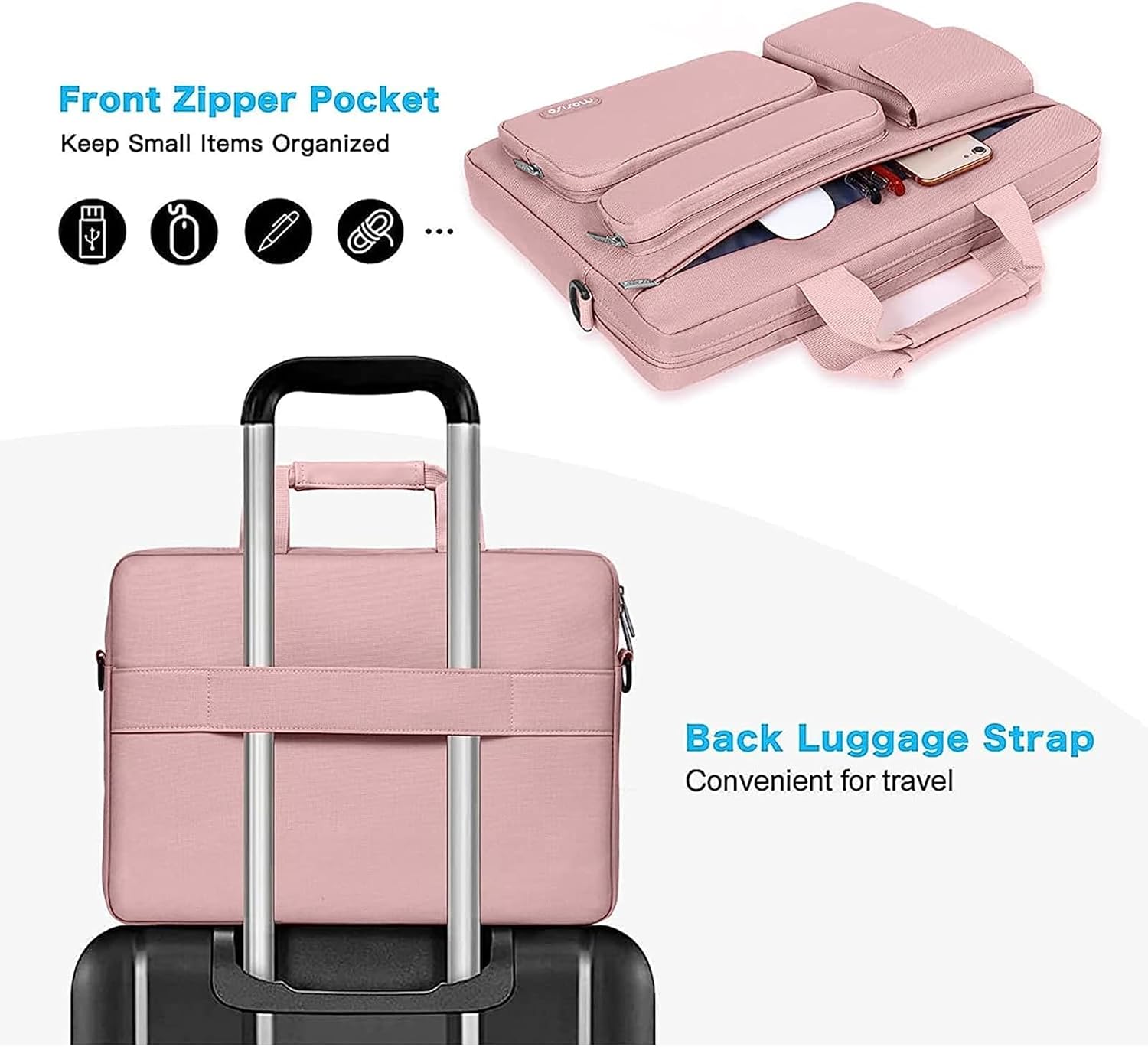 MOSISO Laptop Bag 16 inch, 15-15.6 inch Computer Shoulder Bag Compatible with MacBook Air 15 M4 M3 M2/Pro 16 M4 M3 M2 M1, Notebook &2 Raised&1 Flapover&1 Horizontal Pocket&Handle&Belt, Pink - PuriLite