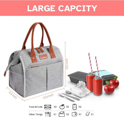Lunch Bag for Women & Men, Insulated Lunch Box Cooler Tote Bags, Adult Reusable Lunch Boxes with Water Resistant for Work, Travel and Picnic (Grey)