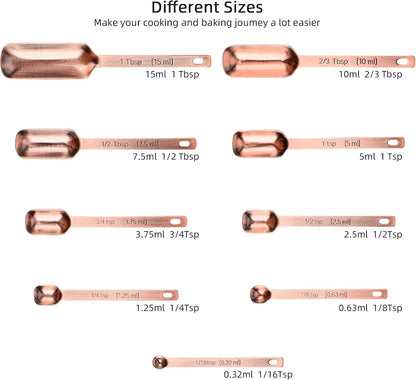 Measuring Cups and Spoons Set, Copper Measuring Cups and Spoons Set for Dry & Liquid, Metric&US 7 Stainless Steel MeasureR Cup&9 Spoon Leveler & Measure Enquivalents for Kitchen & Baking