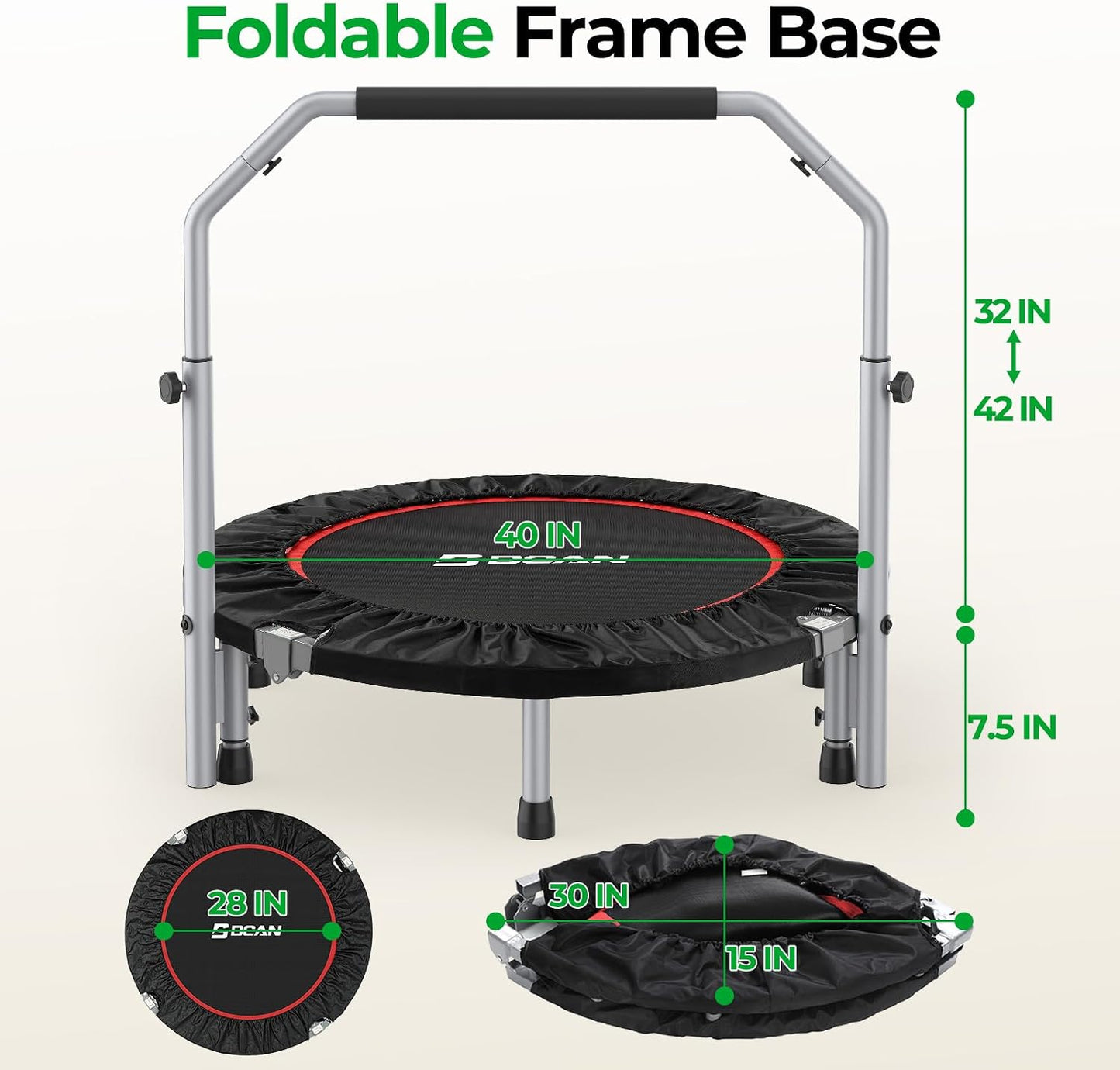 BCAN SP2 40"/48" Foldable Mini Trampoline Max Load 330lbs/440lbs, Fitness Rebounder with Springs, Adjustable Foam Handle, Exercise Trampoline for Adults Indoor/Garden Workout