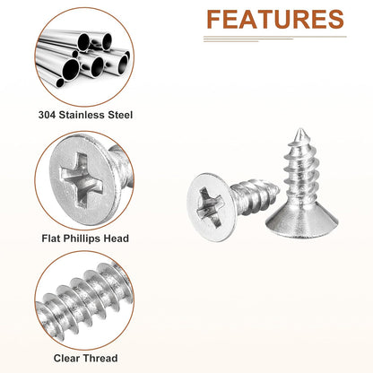 DTGN 100Pcs #6x1/2 Flat Head Wood Screws, 304 Stainless Steel Phillips Self Tapping Screws - Good for Woodworking, Furniture - Silver