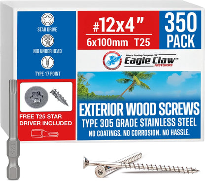 #10 x 3 Inch Stainless Steel Deck Screws 350 Pieces | T25 Star Torx Drive Flat Head | 304 Grade Stainless Steel Wood Screws High Corrosion Resistance by Allen's Trading Co. Eagle Claw Fasteners
