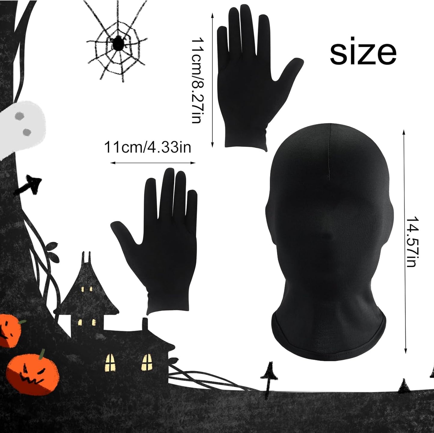 2Pcs Black Full Face Masks and Gloves Set Halloween Faceless Mask Spandex Morph Mask Full Head Masks for Adult Party Cosplay