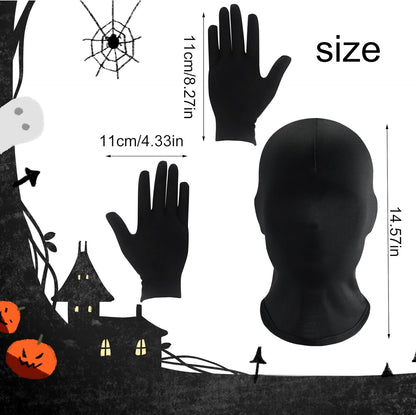 2Pcs Black Full Face Masks and Gloves Set Halloween Faceless Mask Spandex Morph Mask Full Head Masks for Adult Party Cosplay