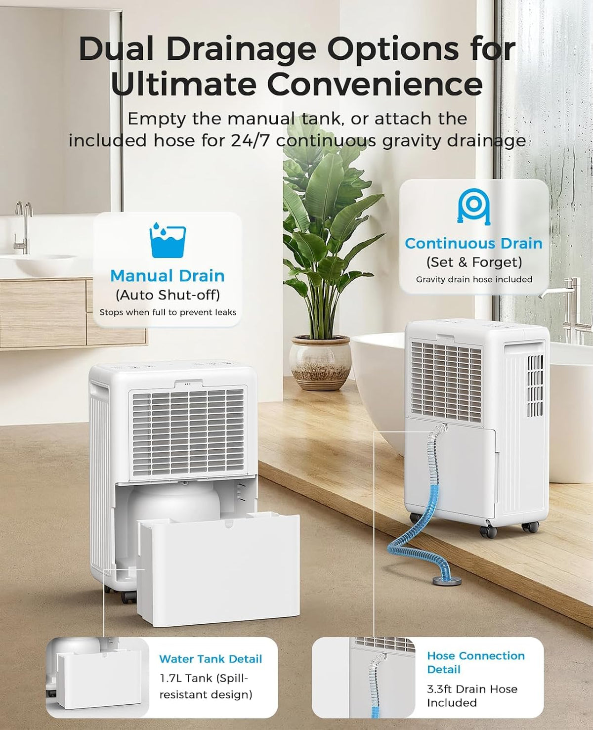 VEAGASO 30 Pints Dehumidifiers for Basements, 2500 Sq.Ft Dehumidifier for Bedroom Bathroom, Portable Dehumidifier with Continuous Drain Hose, Auto Defrost System, Quiet Design