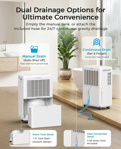 VEAGASO 30 Pints Dehumidifiers for Basements, 2500 Sq.Ft Dehumidifier for Bedroom Bathroom, Portable Dehumidifier with Continuous Drain Hose, Auto Defrost System, Quiet Design