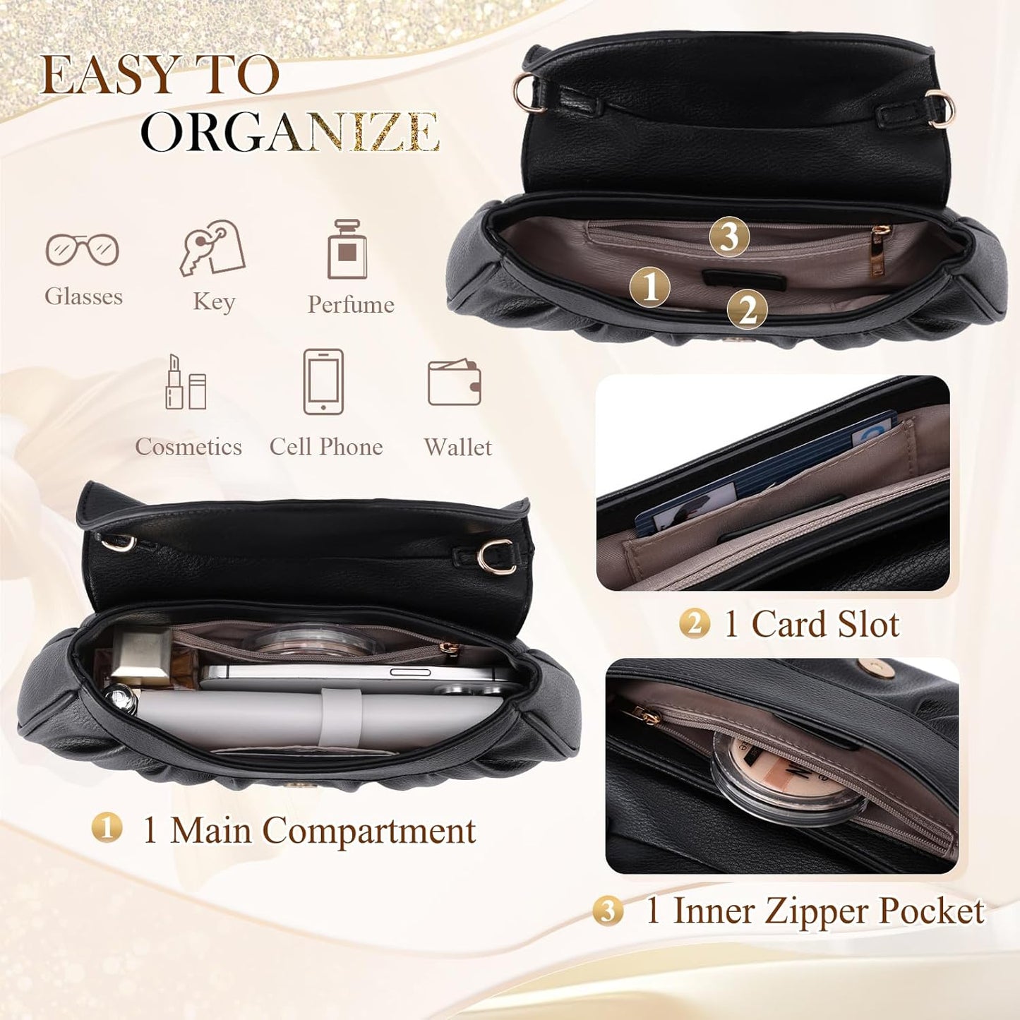 VX VONXURY Clutch Purse for Women Elegant Pleated Evening Bag with Chain Strap for Wedding Party Dating - PuriLite
