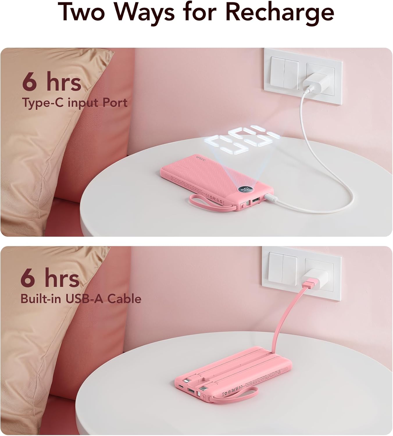 VRURC 10000mAh Power Bank Built-in Cables, Portable Charger with LED Display, Slim Intelligent Travel Battery Pack with Cords, 5 Output Dual Input Phone Charger for Cell Phone Smart Devcies-Blue