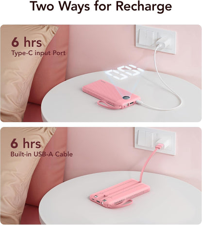VRURC 10000mAh Power Bank Built-in Cables, Portable Charger with LED Display, Slim Intelligent Travel Battery Pack with Cords, 5 Output Dual Input Phone Charger for Cell Phone Smart Devcies-Blue