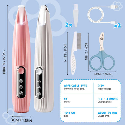 DoggyKings Pet Paw Trimmer 2Pack, 3 in 1 Electric Dog Trimmer, Rechargeable Waterproof with LED Light for Trimming Dog's Hair Around Paws, Eyes Ears Face Feet, with Nail Clippers, Grooming Brush