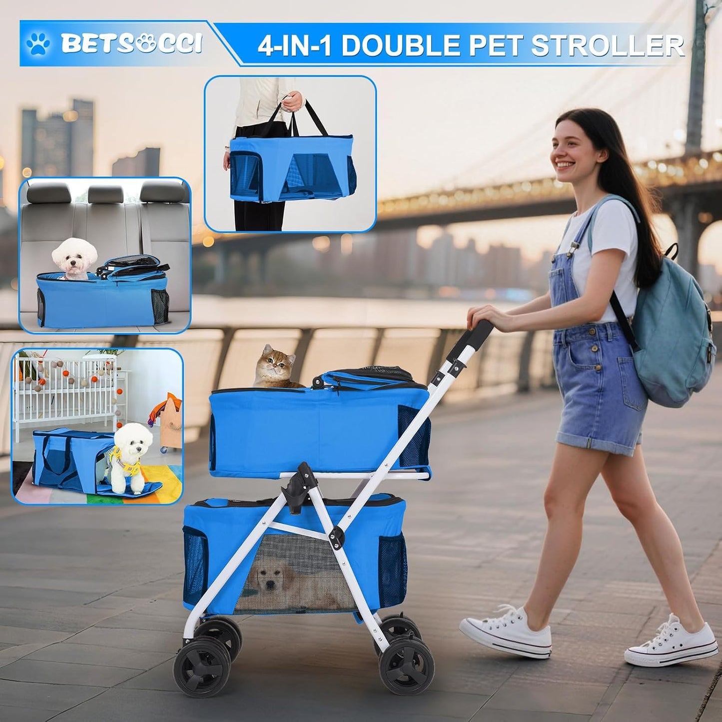 Double Pet Stroller with Detachable Carrier for Medium Small Dogs and Cats, Foldable 3-in-1 Cat Stroller with 4 Wheels Lightweight for 2 Dogs or Cats Light Blue