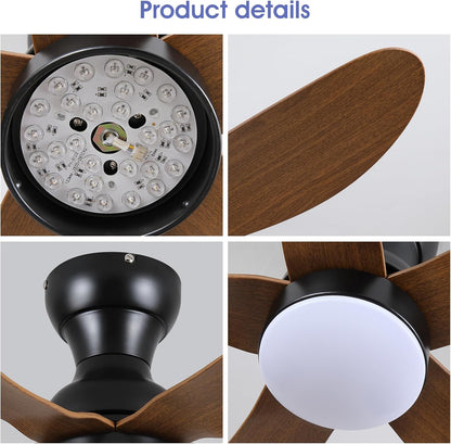 Modern Ceiling Fans with Lights Remote/APP Control, 29" Flush Mount Ceiling Fans with 3 CCT Dimmable Lights, Low Profile Ceiling Fans with 5 Propeller Blades LED Lights for Kids Room Bedroom, Brown - PuriLite