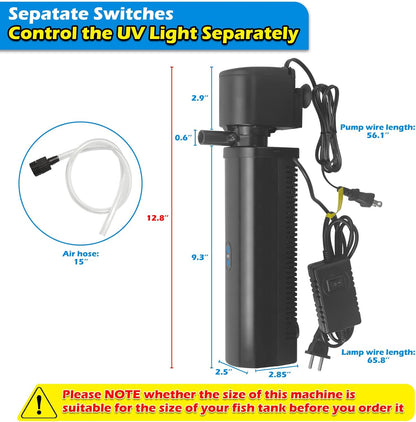 Aquarium Filter for 40-100 Gallon Tank, U-V Fish Tank Green Clean Machine Submersible Powerful Pump Canister Filter 400GPH for Pond Turtle Tank Saltwater Freshwater Crystal Clear Green Killing
