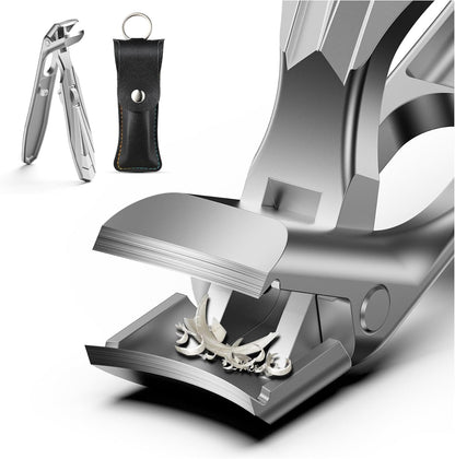 FERYES Angled Head Long Handled Toenail Clipper for Seniors - Large Wide Jaw Nail Clipper with Catcher for Thick Nails - Easier Trimming, Ergonomic Design (Black)