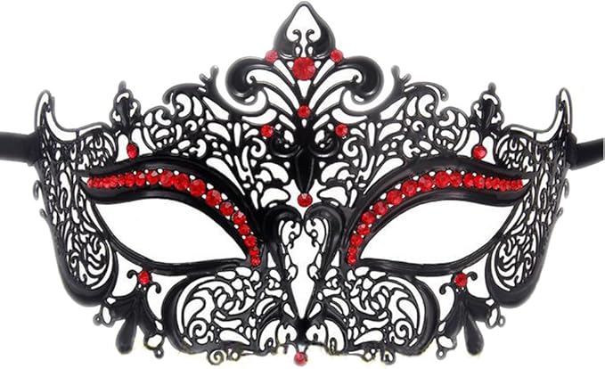 Womens Masquerade Mask Metal Rhinestone Venetian Halloween Christmas Party Evening Prom Mask (Black+Red)