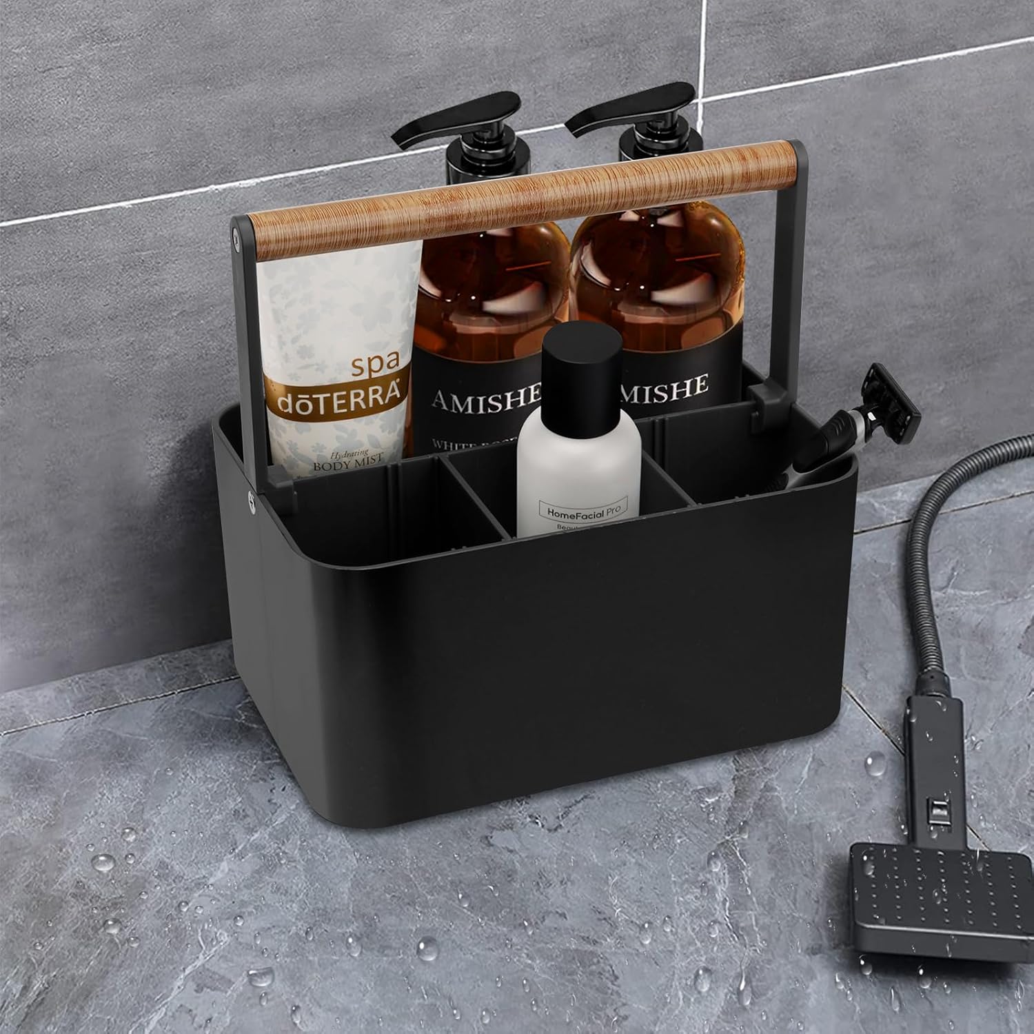 Portable Shower Caddy with Handle and Adjustable Dividers, Plastic Bathroom Storage Basket for Dorms, Toiletries, and Vanity Use, Black Wood Style - PuriLite