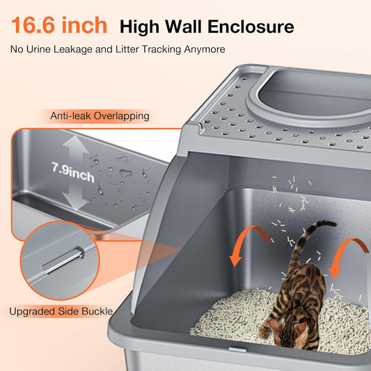 Stainless Steel Litter Box, XXL Large Metal Covered Litter Boxes, Dual Entrance Detachable Cat Litter Box with Lid, 16.6'' High Wall Urine Leak Prevention with Cat Litter Scoop (Gray) - PuriLite