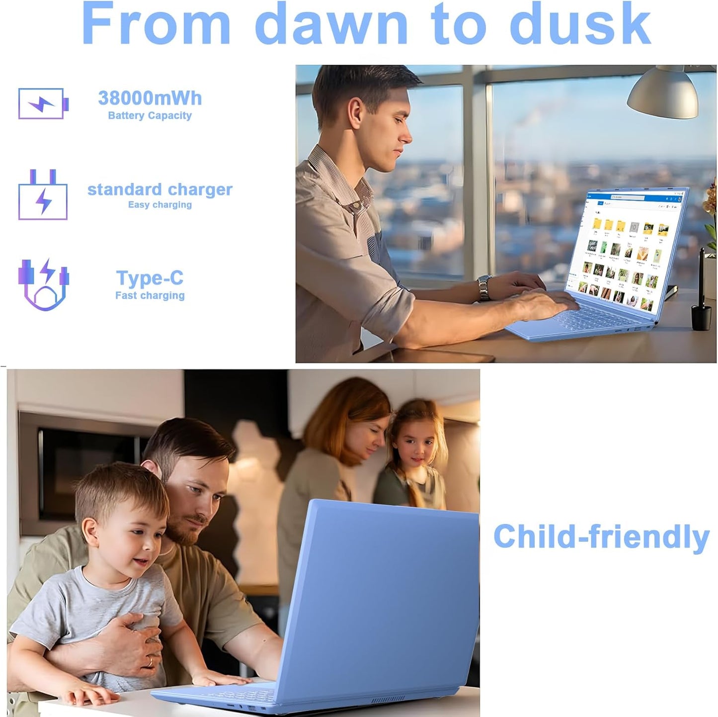 NOTODD Laptop 16" 12GB LPDDR4 512GB SSD Celeron N5095 Up to 2.9Ghz Quad-Core Win 11 PC 1920*1200 2K Screen Dual WIFI Support 2.5" HDD 1TB SSD Expand with Cooling Fan Numeric Keypad for Business-Blue