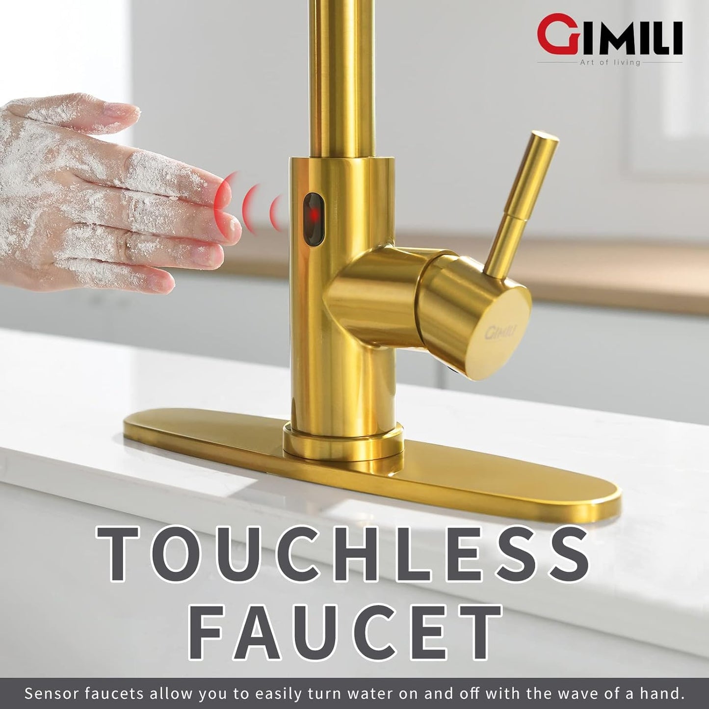 GIMILI Touchless Spring Kitchen Faucet with Pull Down Sprayer, Single Handle Motion Sensor Activated Hands-Free Kitchen Sink Faucet, Single Hole Smart Kitchen Faucet, Solid Brass, Matte Black