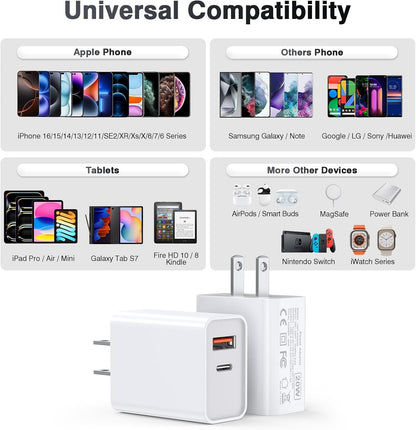USB C Wall Charger Block 20W, 2-Pack Dual Port PD Power Delivery Fast Type C Charging Block Plug Compatible with iPhone 11/12/13/14/15/16/Pro Max, XS/XR/X Pro Samsung Galaxy
