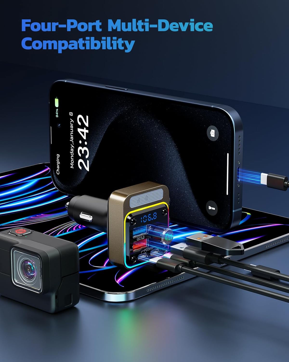 Nulaxy 54W [PD 36W & QC3.0 18W] Bluetooth 5.3 Car Adapter with 4 Charging Ports, Wireless Radio FM Transmitter Audio Receiver with Deep Bass MP3 Music Player, 5 Colors LED Backlit, Hands-Free Calling