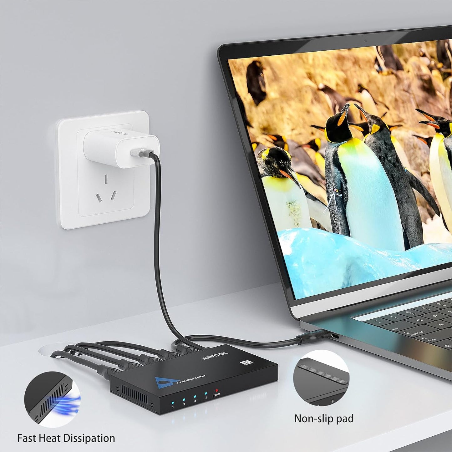 HDMI Splitter 1 in 4 Out,Arvitek 1x4 HDMI Splitter,4K@30Hz,Duplicates 1 Source to 4 Displays Simultaneously,for Laptop/Xbox/PS4/TV/Monitor,Metal Housing,Plug & Play (Mirror Only)
