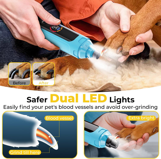 Dog Nail Grinder 6-Speed with LED Display, Dog & Cat Nail Clippers and Trimmers, Pet Nail Grinder with 2 LED Lights - Super Quiet Rechargeable Claw Trimmer for Large Medium Small Puppy Dogs/Cats - PuriLite