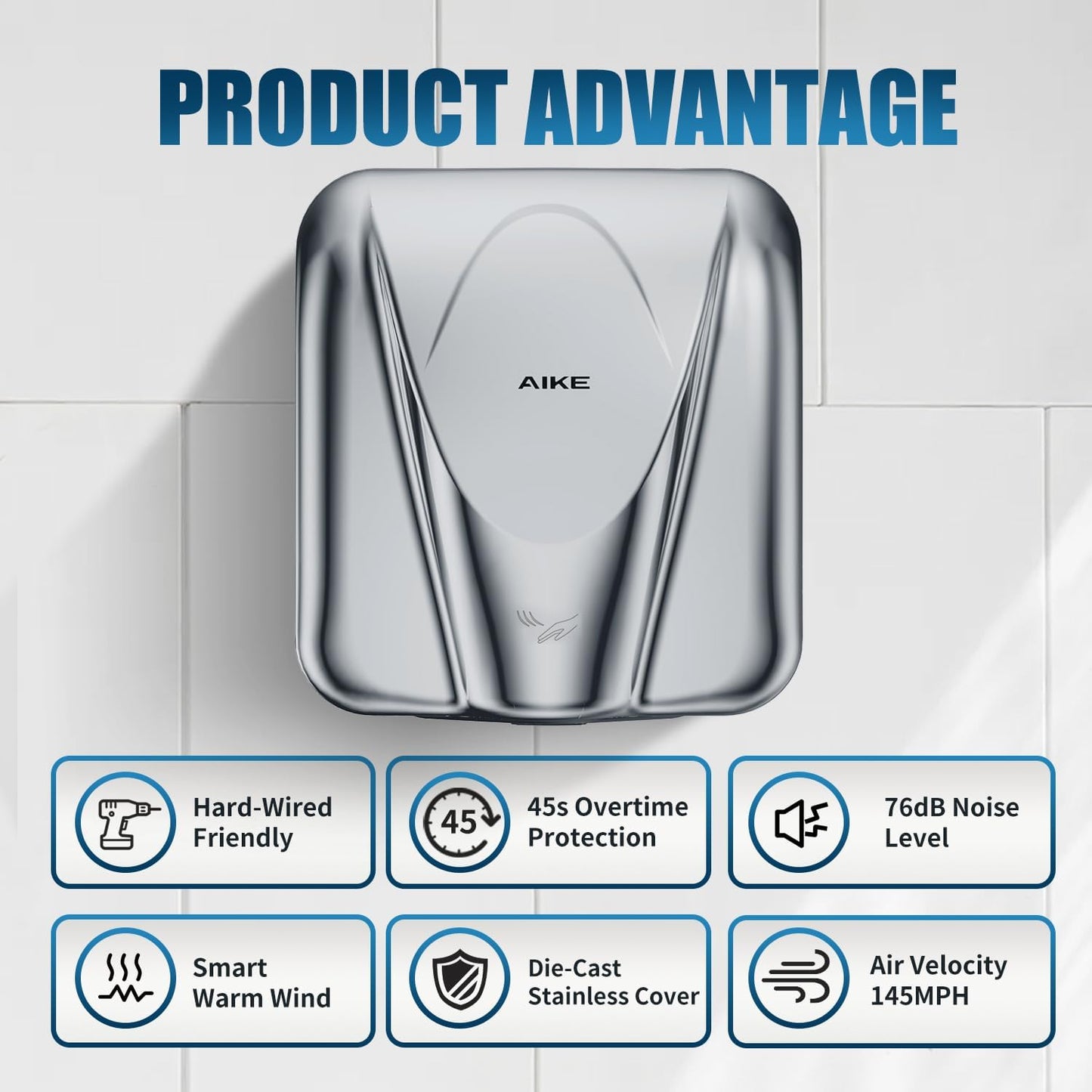 AIKE Elephant Power Commercial Hand Dryer High Speed Auto Warm Wind, Matte Black Thermoset Cover AC110V-130V Model AK2812
