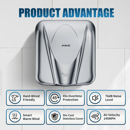 AIKE Elephant Power Commercial Hand Dryer High Speed Auto Warm Wind, Matte Black Thermoset Cover AC110V-130V Model AK2812