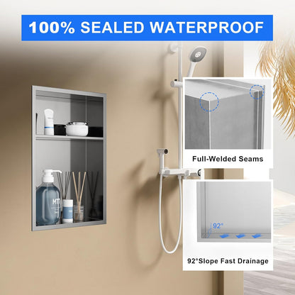 MENATT No Tile Shower Niche, Stainless Steel Wall Niche 13"X19"(Inner Size 12"X18"), Two-Tier Bathroom Shelf, NO Tile Needed Recessed Niche Shower for Bathroom Storage, Black