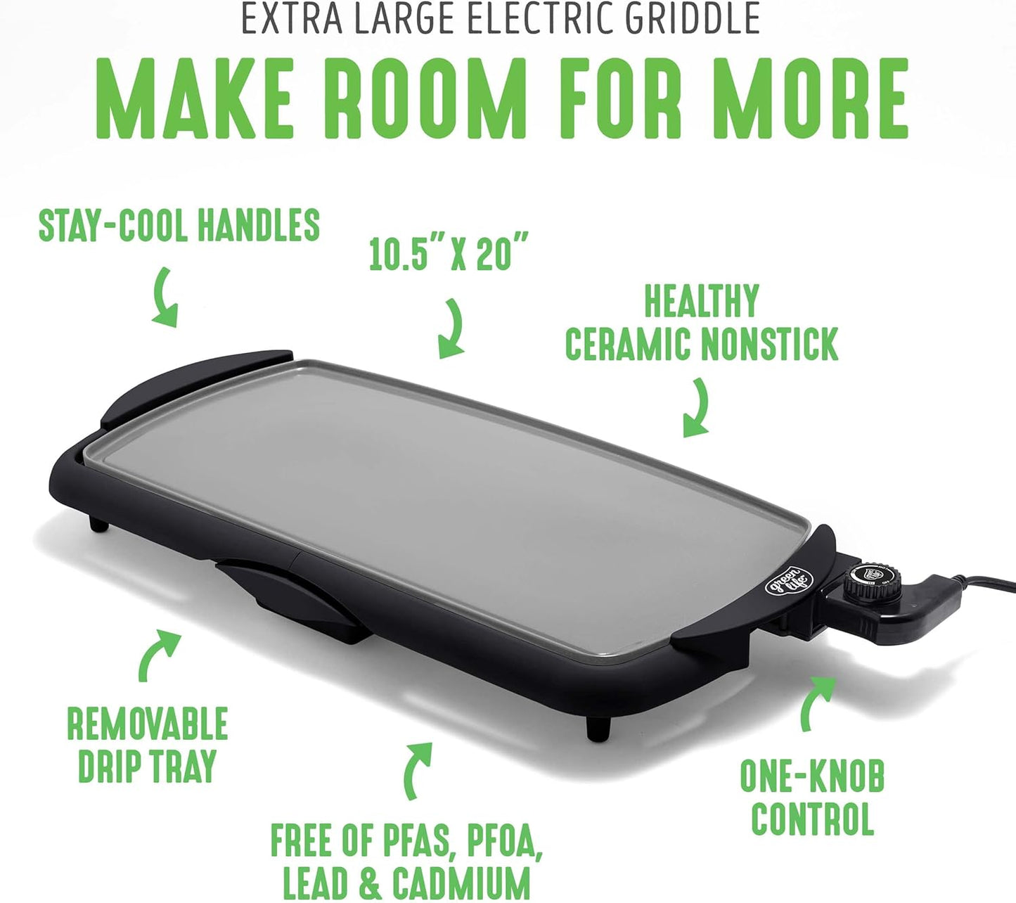 GreenLife Healthy Ceramic Nonstick, Extra Large 20" Electric Griddle for Pancakes Eggs Burgers and More, Stay Cool Handles, Removable Drip Tray, Adjustable Temperature Control, PFAS-Free, Soft Pink
